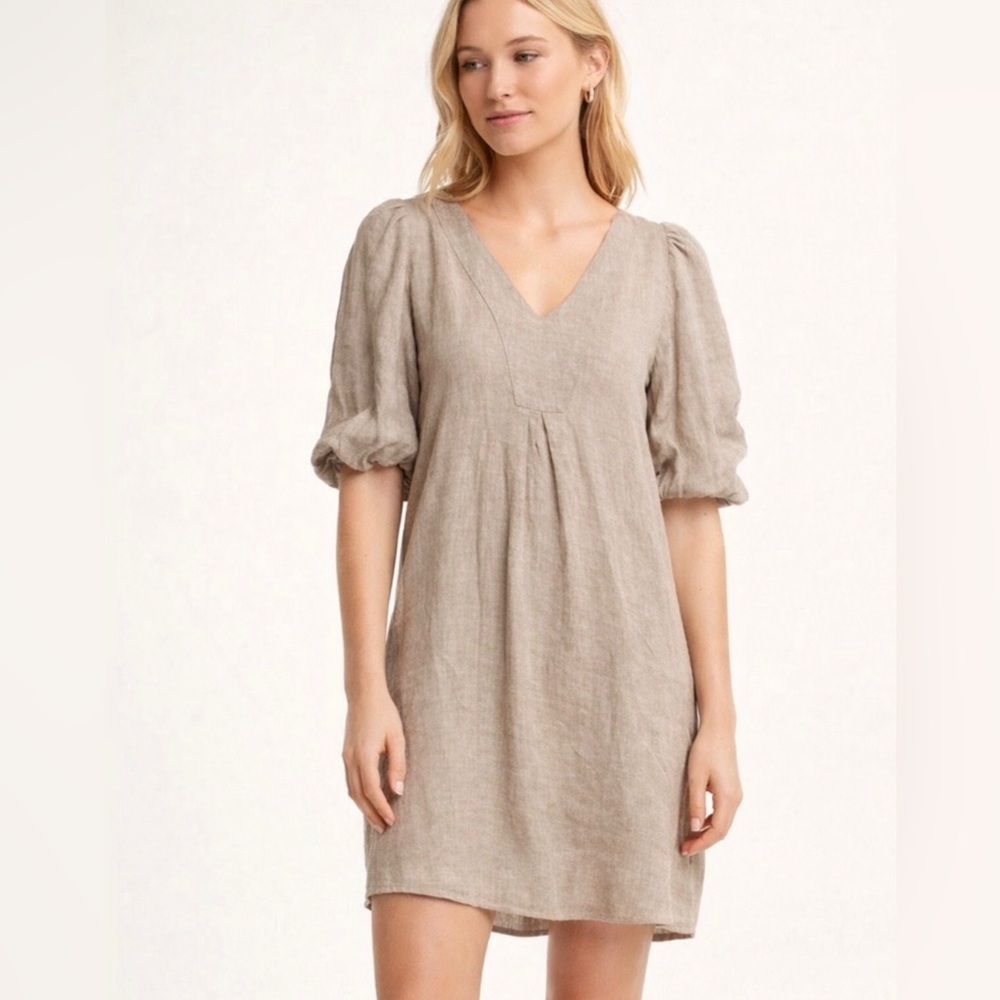 Cynthia Rowley Linen Blend Puff Sleeve V-Neck Mini Dress Size S Beige Beach